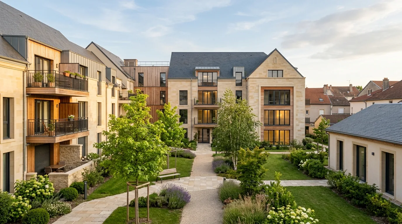 Résidence neuve contemporaine en Grand Est avec cour intérieure paysagée et façade en calcaire — illustration de l'investissement patrimonial en immobilier neuf