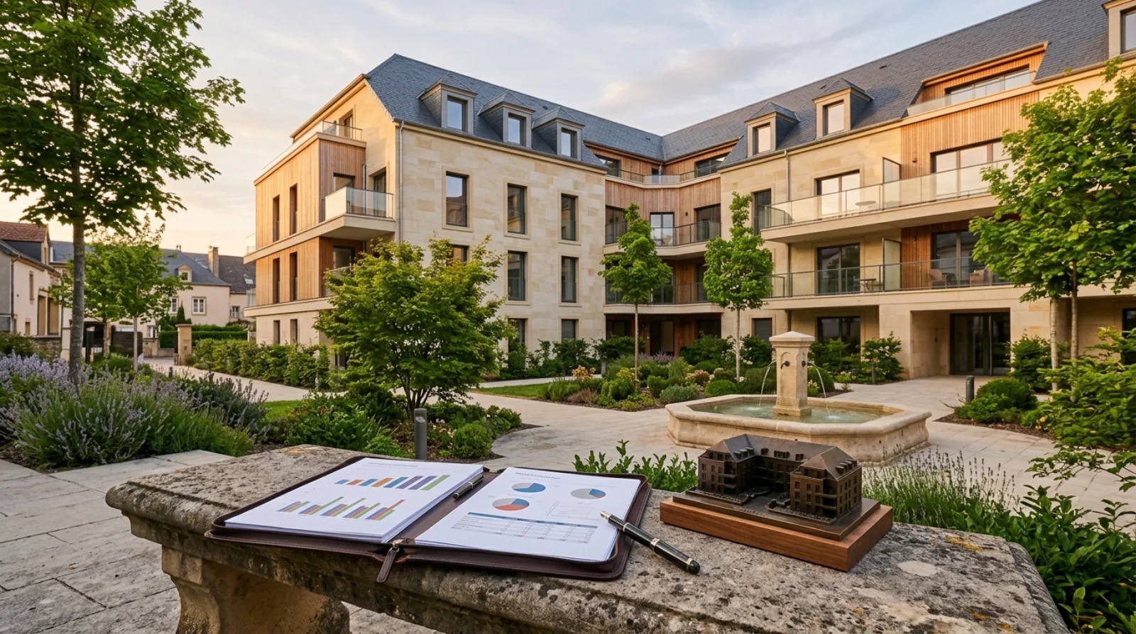 Dossier financier ouvert avec graphiques et modèle réduit d'immeuble posés sur un banc en pierre devant un programme immobilier neuf en finition dans une ville du Grand Est à la lumière dorée — illustration du bilan d'une opération de promotion