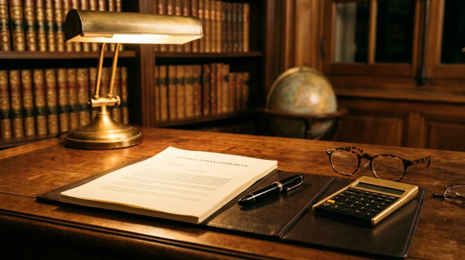 Bureau patrimonial avec documents contractuels, calculatrice et graphique de répartition des bénéfices sur fond blanc épuré — illustration de la clause de participation aux bénéfices d'une obligation immobilière