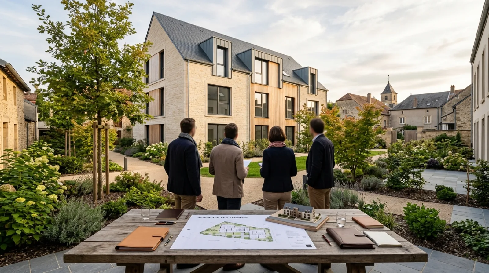 Petit groupe d'investisseurs vus de dos examinent les plans et un modèle réduit d'un immeuble résidentiel neuf devant une cour intérieure d'une ville française du Grand Est à la lumière dorée — illustration d'un club de co-investissement immobilier