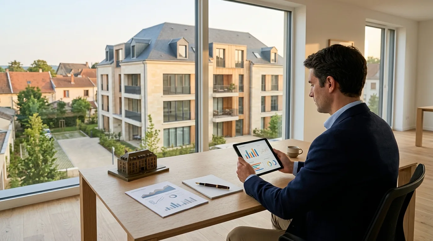 Parcours investisseur sur une plateforme PSFP : écran d'ordinateur affichant une interface de souscription d'obligation immobilière, document KIIS et stylo sur bureau en bois — illustration Content Engine 2026