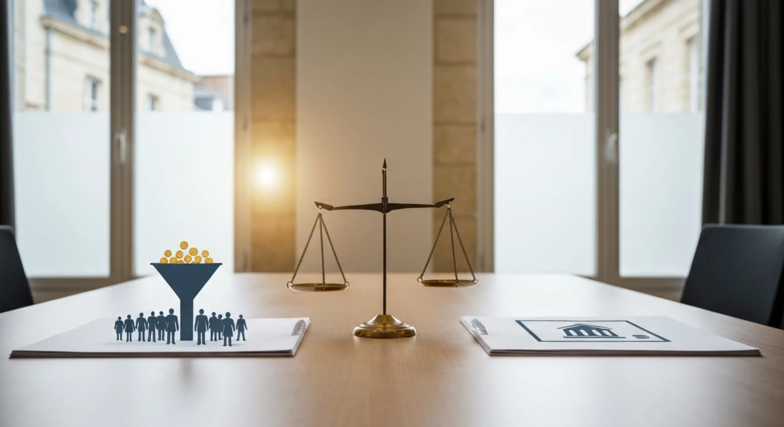 Deux dossiers d'investissement côte à côte sur une table de conférence — crowdfunding collectif à gauche, obligation de promotion immobilière à droite — avec une balance en bronze au centre, lumière dorée de bureau patrimonial