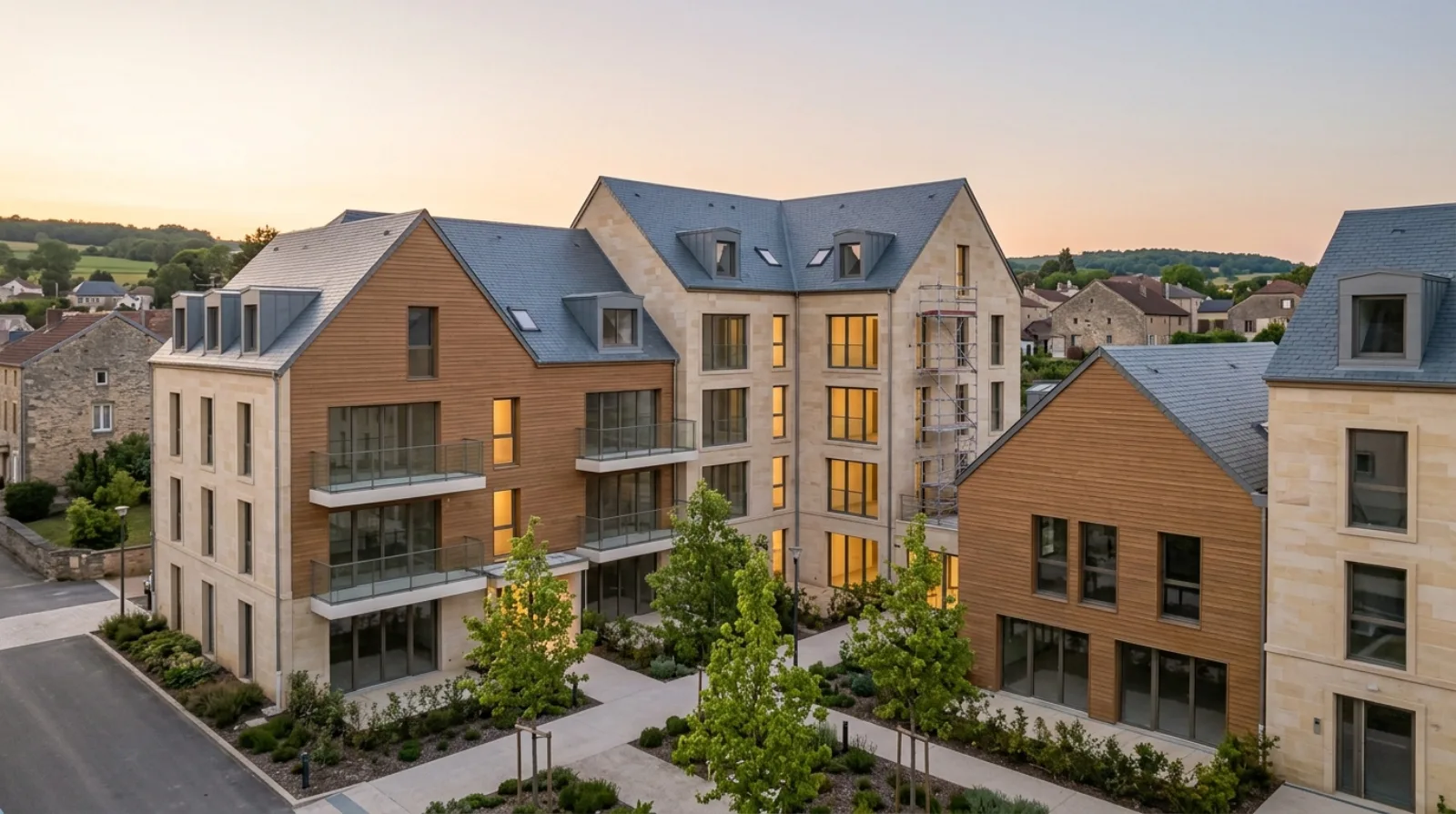 Immeuble résidentiel contemporain en pierre claire et bois avec échafaudage partiel, lumière dorée de fin de journée, illustrant une opération de promotion immobilière en cours en Grand Est.