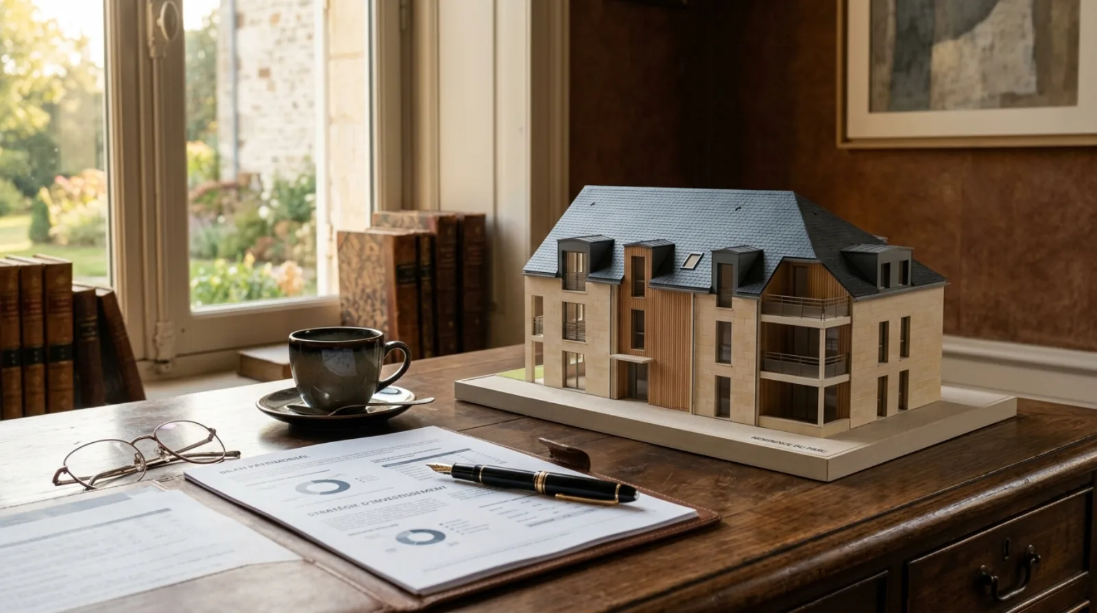 Bureau patrimonial en bois sombre avec maquette architecturale d'un programme résidentiel français contemporain, document de bilan patrimonial, stylo et tasse de café à la lumière dorée — illustration d'une stratégie de diversification immobilière