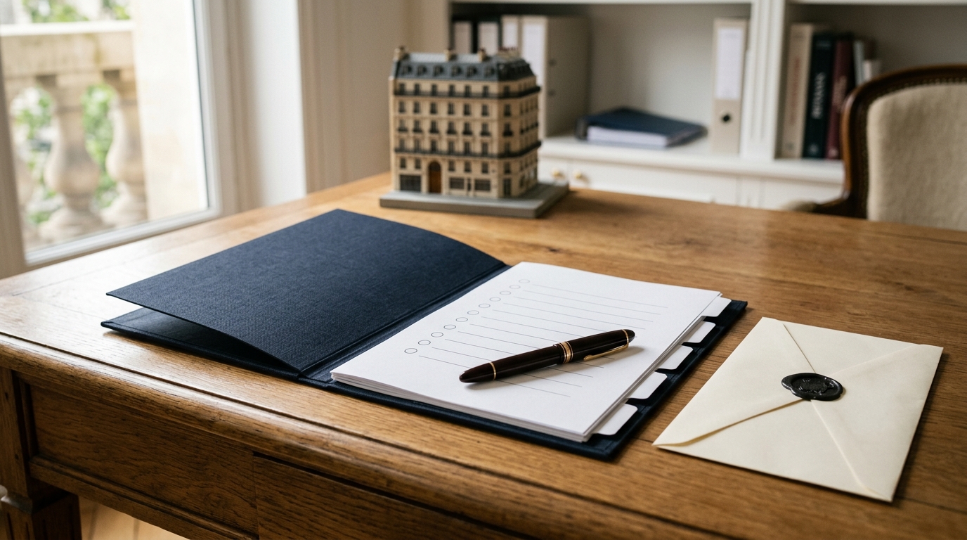 Bureau professionnel avec dossier navy ouvert, formulaire de checklist vierge, stylo plume et enveloppe cachetée, maquette d'immeuble haussmannien en arrière-plan