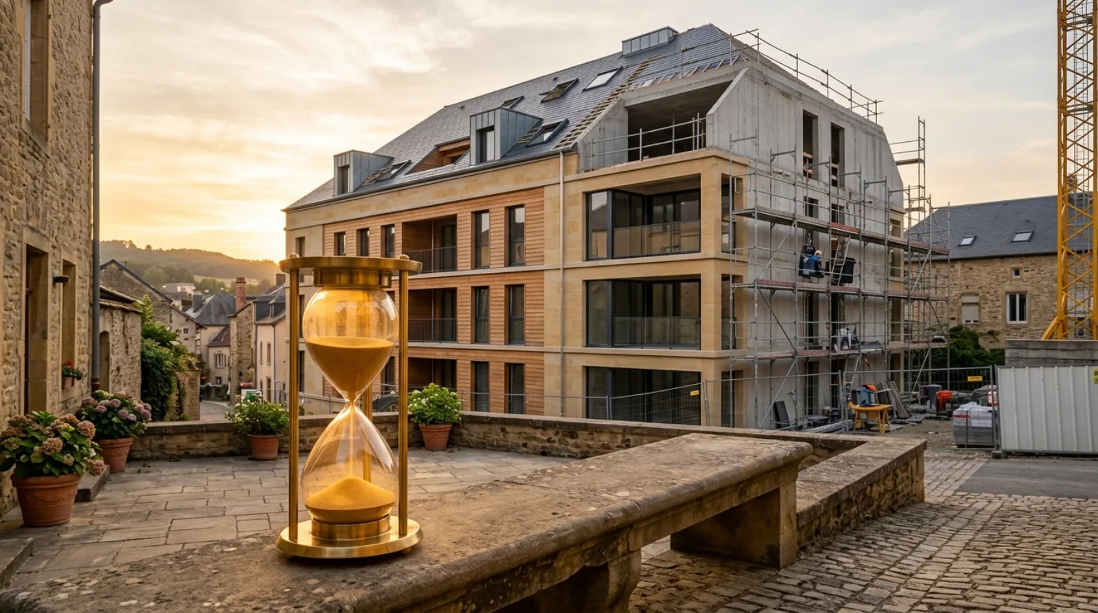 Sablier en laiton posé sur un banc en pierre devant un programme résidentiel neuf en cours de construction dans une ville française du Grand Est à la lumière dorée — illustration de la durée d'investissement en obligation immobilière