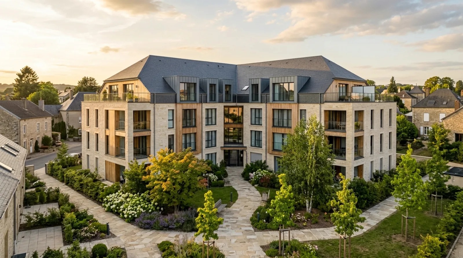 Résidence contemporaine en pierre claire et bois du Grand Est, cour paysagère arborée, lumière dorée de fin de journée, illustrant un choix d'investissement immobilier patrimonial réfléchi.