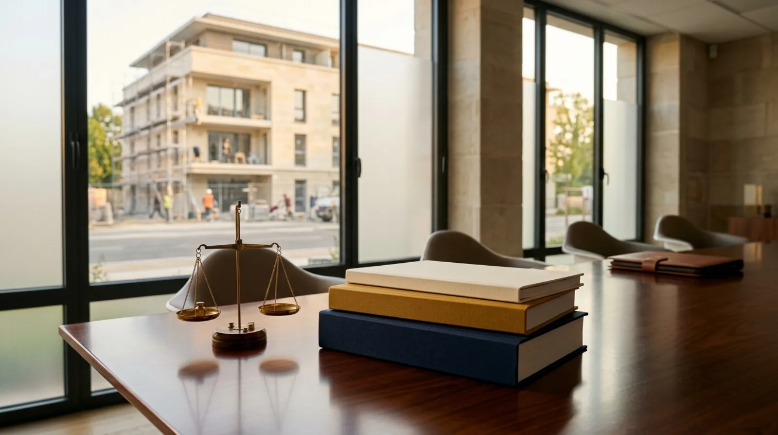 Balance de justice et pile de dossiers représentant la structure de capital d'une promotion immobilière (crédit bancaire, obligations, fonds propres), bureau institutionnel avec chantier visible en arrière-plan