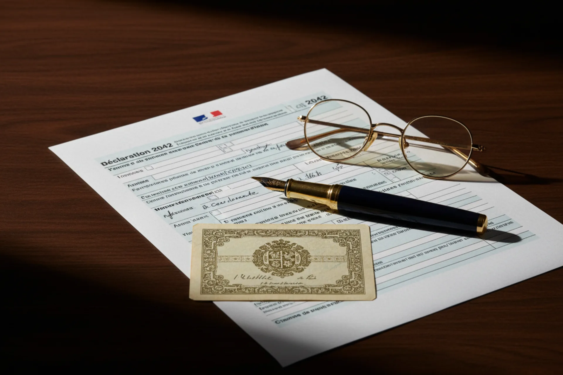 Formulaire de déclaration de revenus 2042 partiellement rempli, stylo plume et lunettes posés sur un bureau en bois sombre, accompagné d'un ancien titre obligataire — illustration de la fiscalité des obligations immobilières
