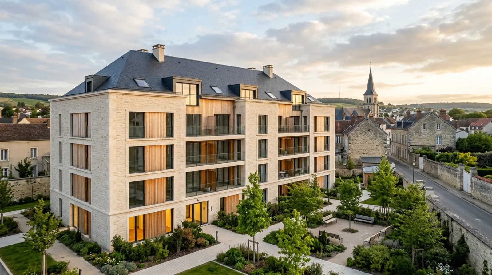 Façade d'un immeuble résidentiel neuf en Grand Est avec architecture contemporaine calcaire et bois, lumière dorée de fin d'après-midi, atmosphère institutionnelle et patrimoniale