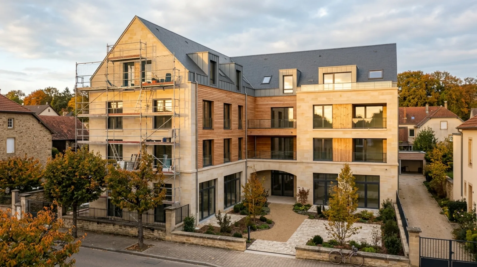Immeuble résidentiel neuf en construction dans une petite ville française du Grand Est à la lumière dorée, échafaudage partiel sur une façade en pierre claire et bardage bois — illustration des garanties d'une opération de promotion immobilière