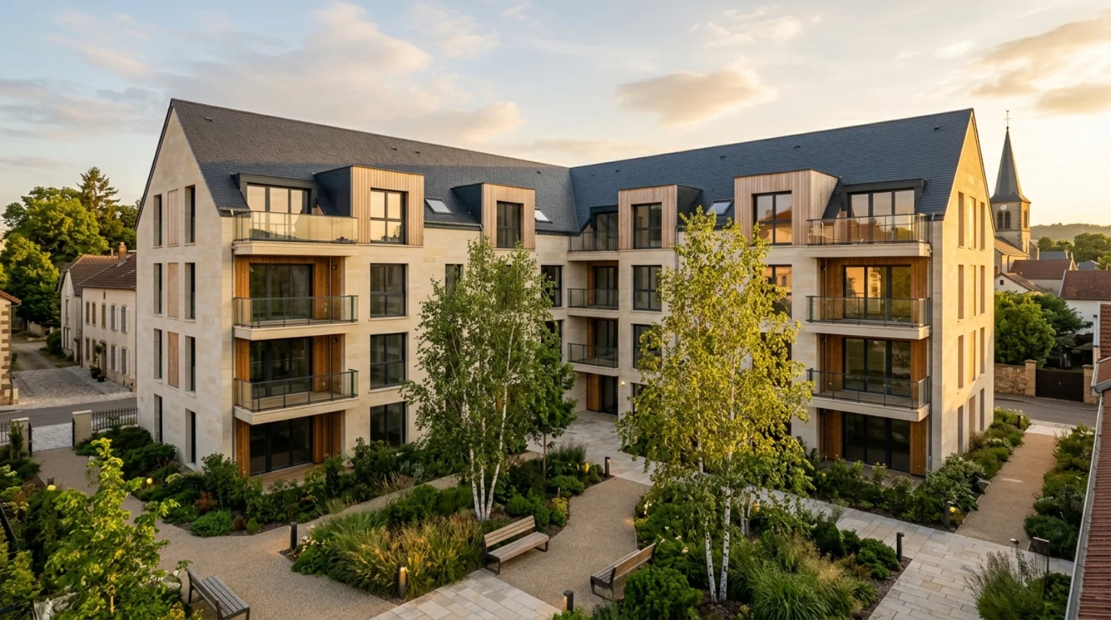 Programme immobilier neuf contemporain en Grand Est avec cour paysagée, façade en calcaire et bois, lumière dorée du soir
