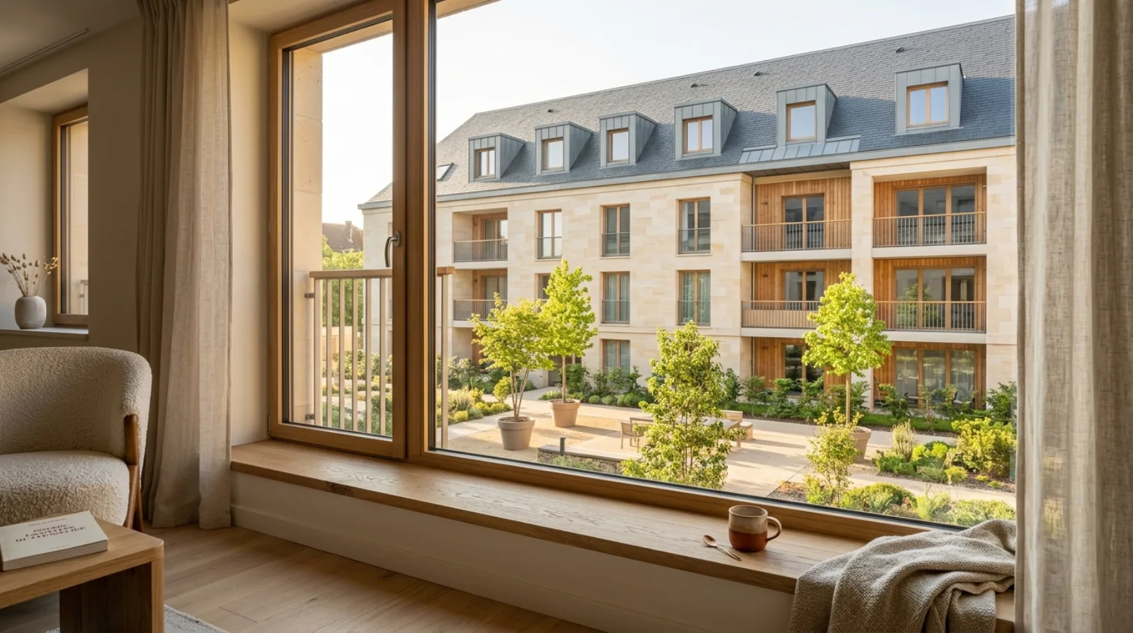 Vue depuis une fenêtre d'appartement français provincial sur un immeuble résidentiel neuf en construction du Grand Est à la lumière dorée du matin — illustration de la durée d'investissement en obligation immobilière