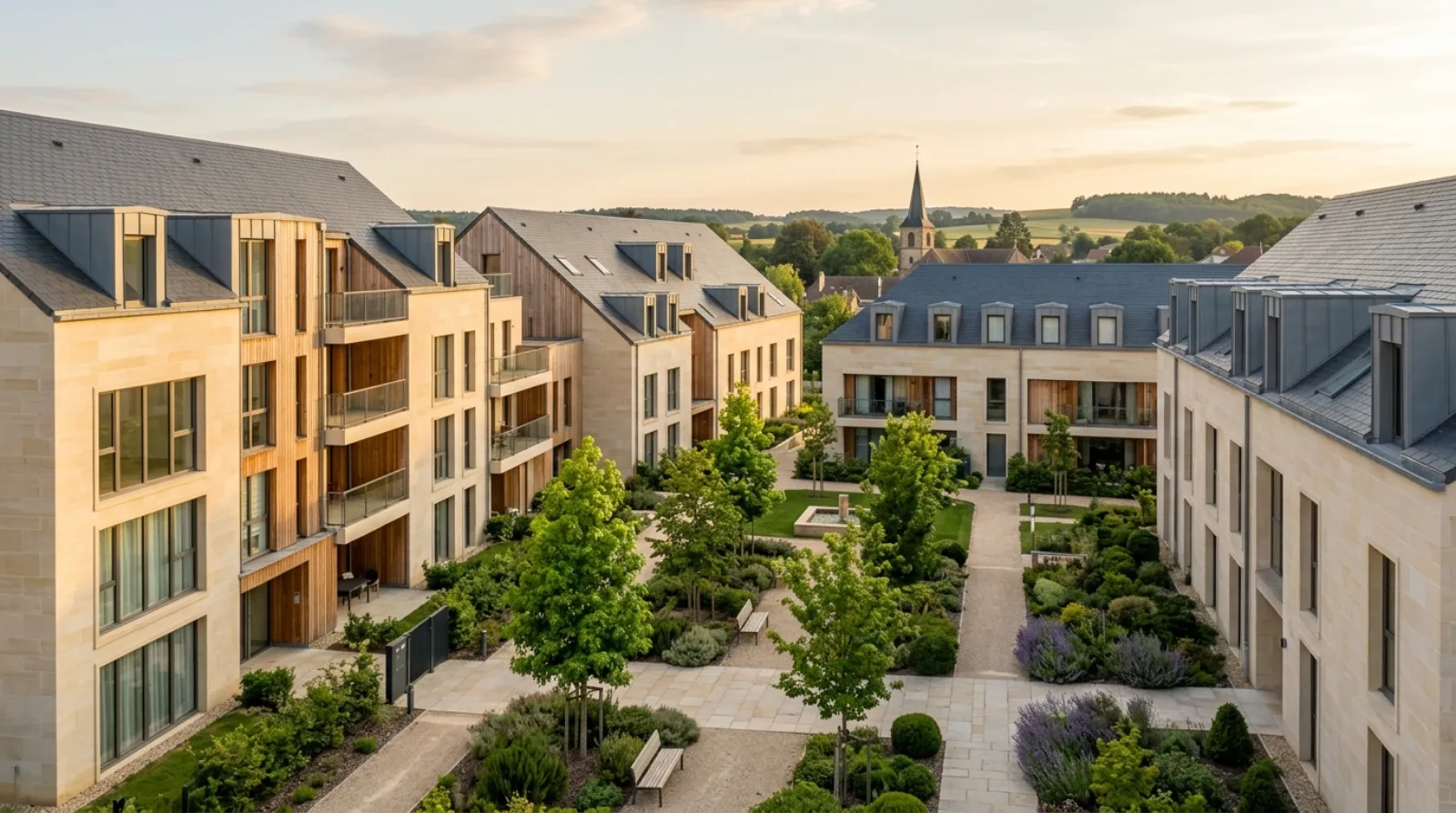 Résidence contemporaine du Grand Est en pierre calcaire et bois, cour paysagère arborée, lumière dorée, symbole de clôture d'opération.