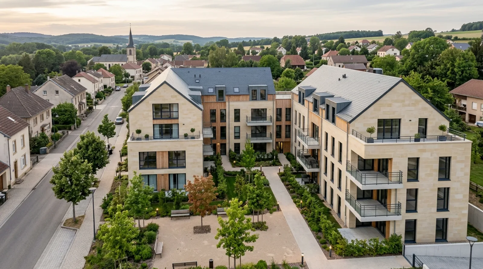 Vue aérienne d'un programme résidentiel neuf contemporain en pierre claire et bois dans une petite ville du Grand Est à la lumière dorée, cœur d'îlot paysager arboré — illustration du marché immobilier neuf régional