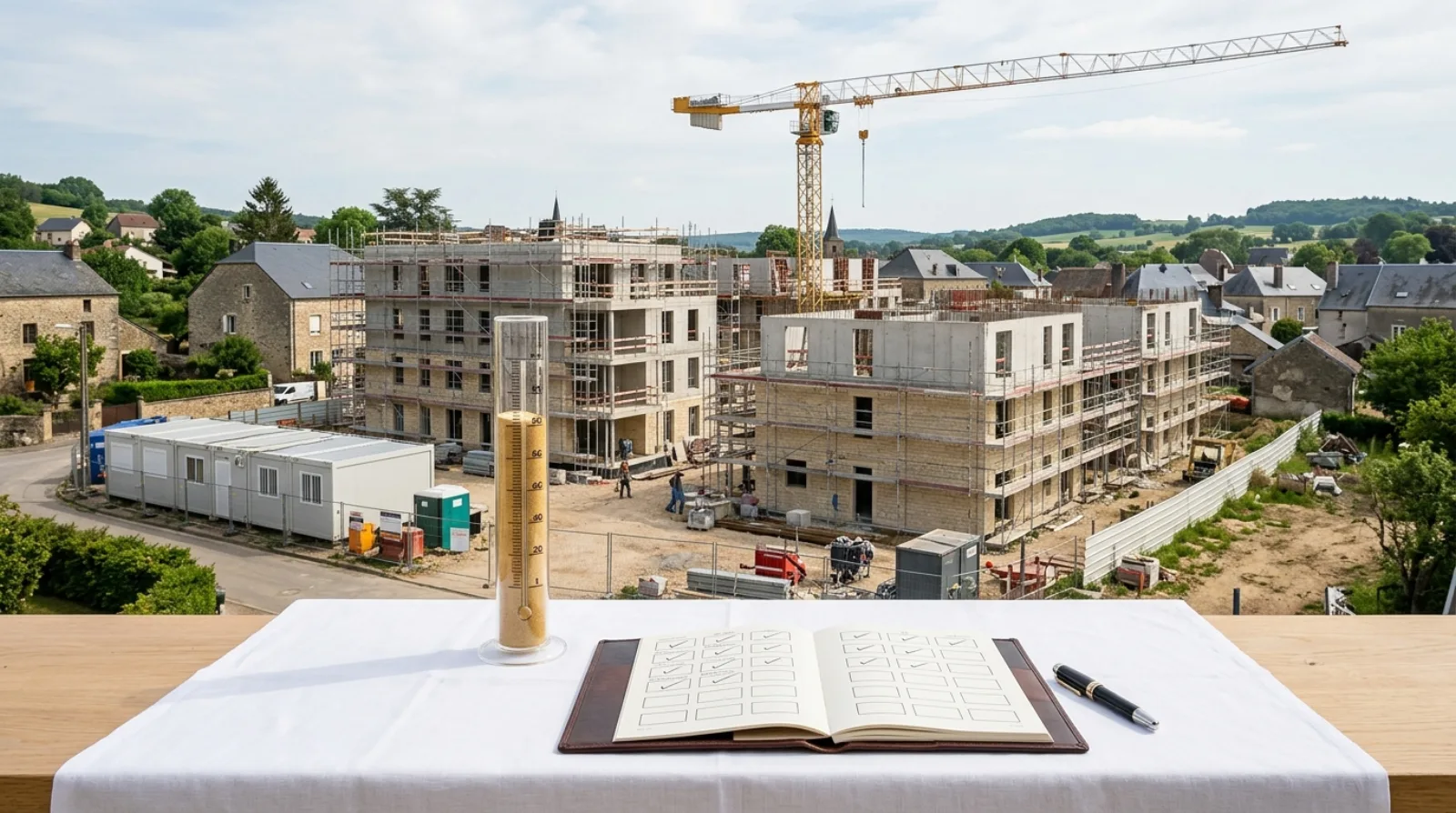 Jauge en verre remplie de sable doré devant un programme résidentiel neuf en construction d'une ville française du Grand Est à la lumière du matin — illustration du taux de précommercialisation d'une opération de promotion immobilière