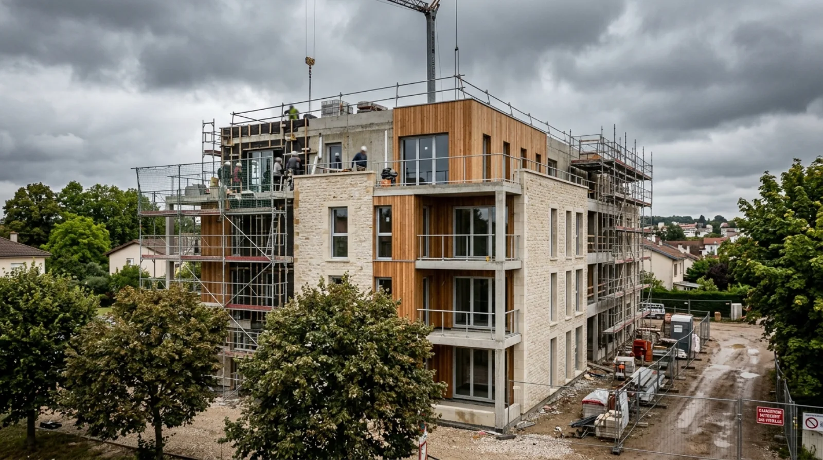 Chantier de construction d'un immeuble résidentiel moderne en Grand Est, architecture contemporaine calcaire et bardage bois, ciel nuageux évoquant la vigilance et la gestion des risques