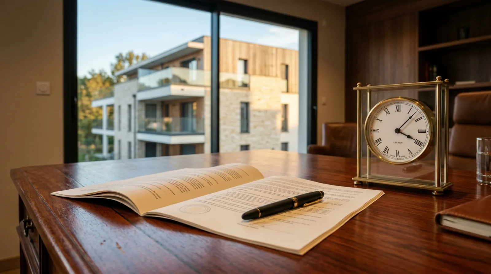 Bureau patrimonial avec dossier de contrat obligataire ouvert, horloge analogique et stylo plume sur table en acajou sombre, fenêtre donnant sur un programme résidentiel neuf du Grand Est à la lumière dorée — illustration du remboursement anticipé d'une obligation immobilière