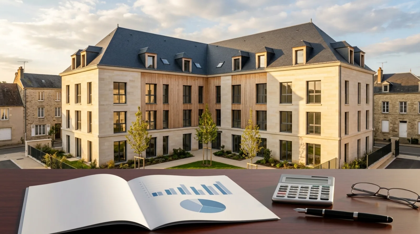 Graphique financier abstrait montrant une courbe de rendement actuariel avec des chiffres de flux de trésorerie — contexte d'obligation de promotion immobilière, tons bleu marine et or, éclairage de bureau patrimonial