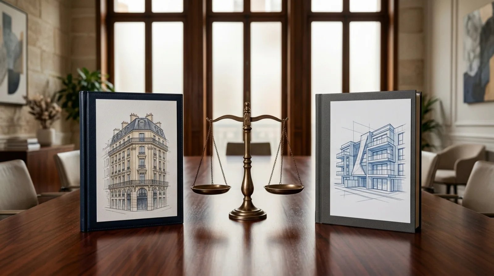 Comparaison côte à côte entre une SCPI et une obligation immobilière — documents d'investissement, tableau comparatif et chiffres clés dans un bureau patrimonial contemporain