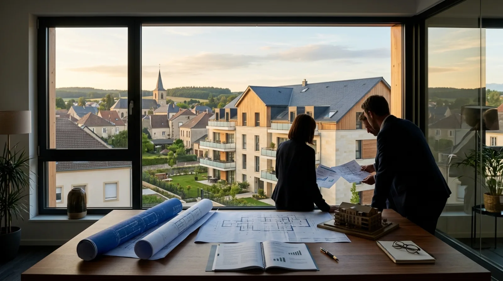 Deux professionnels en silhouette examinent plans architecturaux et dossier financier devant une fenêtre donnant sur un immeuble résidentiel neuf du Grand Est à la lumière dorée — illustration de l'analyse d'un promoteur immobilier