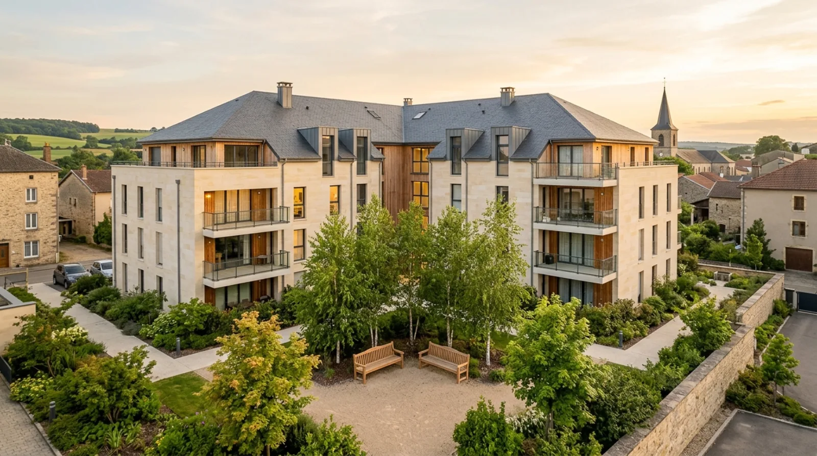 Résidence contemporaine du Grand Est, pierre claire et bois, cour paysagère avec deux bancs jumeaux sous les arbres, symbole de souscription partagée.