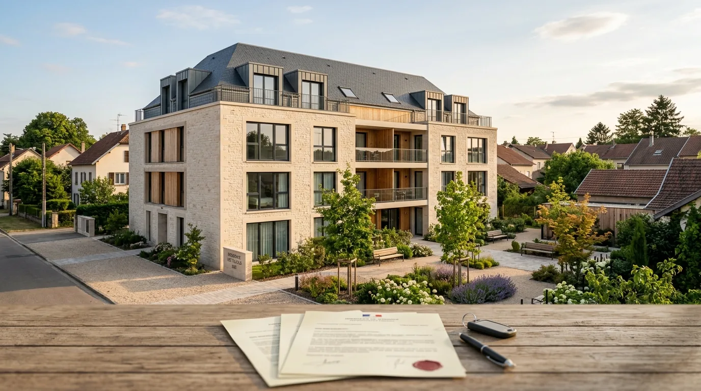 Résidence neuve contemporaine en Grand Est avec façade en calcaire, bardage bois et cour paysagée — illustration de l'investissement patrimonial en obligations immobilières avec sûretés et garanties