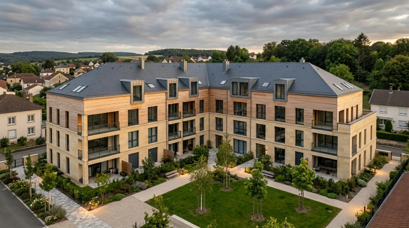 Vue aérienne d'une opération de promotion immobilière résidentielle neuve dans une petite ville du Grand Est à la lumière dorée d'une fin d'après-midi, ciel légèrement couvert — illustration de l'impact des conditions de financement sur la promotion immobilière