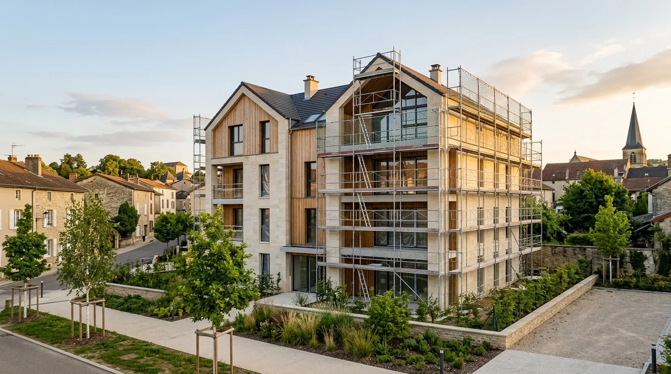 Chantier résidentiel en construction dans le Grand Est avec grues et fondations — illustre les risques VEFA pour l'investisseur obligataire