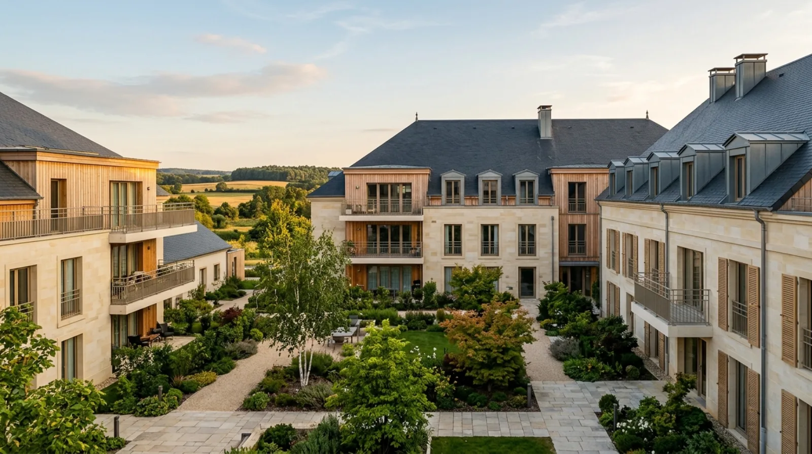Résidence contemporaine en pierre claire et bois, cour paysagère arborée, lumière dorée, illustrant une opération immobilière en zone tendue.