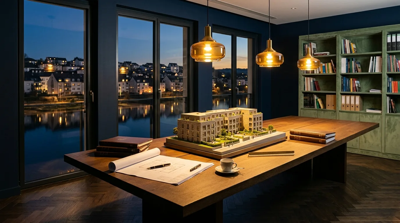 Salle de réunion d'un promoteur immobilier en Grand Est à l'heure bleue : table en chêne, maquette d'immeuble résidentiel, plan d'architecte déroulé, dossiers reliés, lampes brass dorées, vue sur la Moselle en arrière-plan — illustration du modèle de travail SAFESTONE