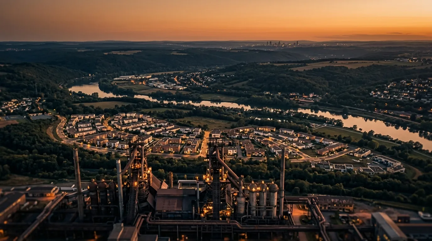 Vue aérienne au crépuscule de la vallée de la Moselle : haut-fourneau reconverti d'Uckange au premier plan, lotissement résidentiel et skyline du Luxembourg en arrière-plan — couverture de l'épisode 1 de la mini-série Grand Est de SAFESTONE