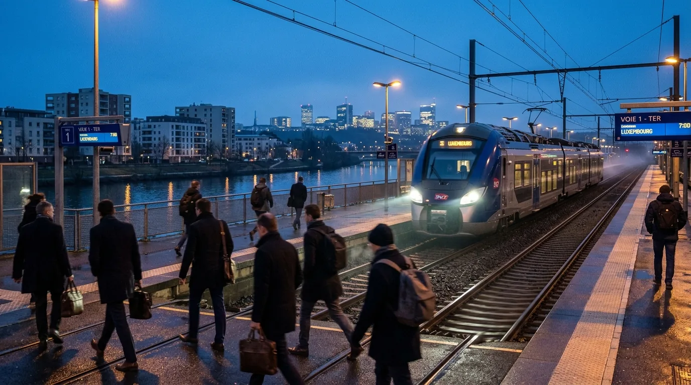 Quai de la gare de Thionville à l'heure bleue avec un train TER en partance pour Luxembourg, frontaliers en mouvement le long du quai et skyline de Kirchberg illuminé au fond — couverture de l'épisode 2 de la mini-série Grand Est de SAFESTONE