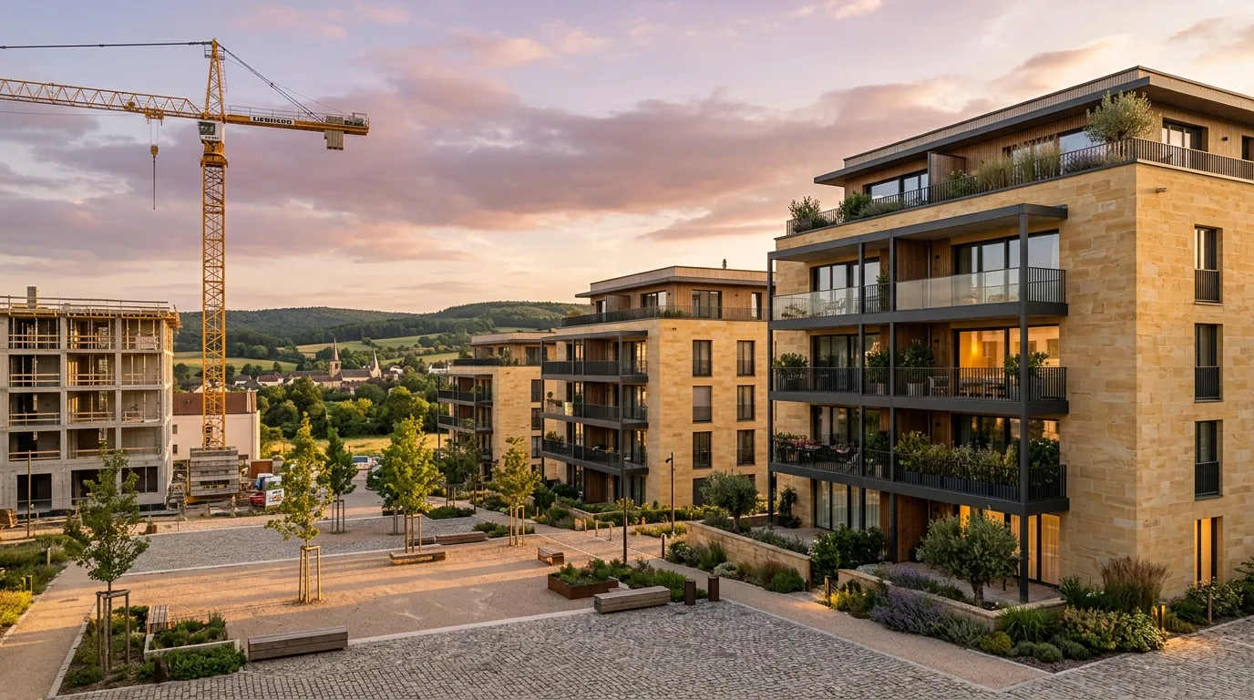 Résidence neuve RE2020 en façade pierre de Jaumont avec grue de chantier sur un programme voisin, square paysager et paysage lorrain au coucher de soleil — couverture de l'épisode 3 de la mini-série Grand Est de SAFESTONE